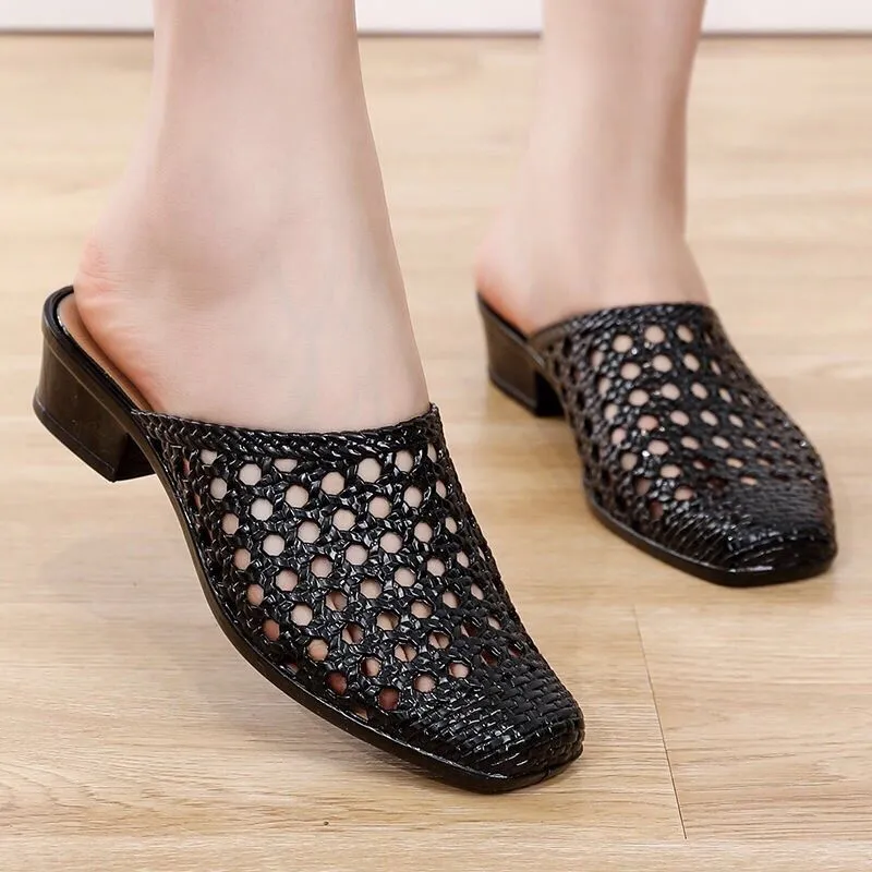 2022 Beach Shoes Slippers,Soft Women Sandals,Hollow Out Summer Mid Heels,Korea Style Slides,Footwear,BLACK,APRICOT,RED,Dropship