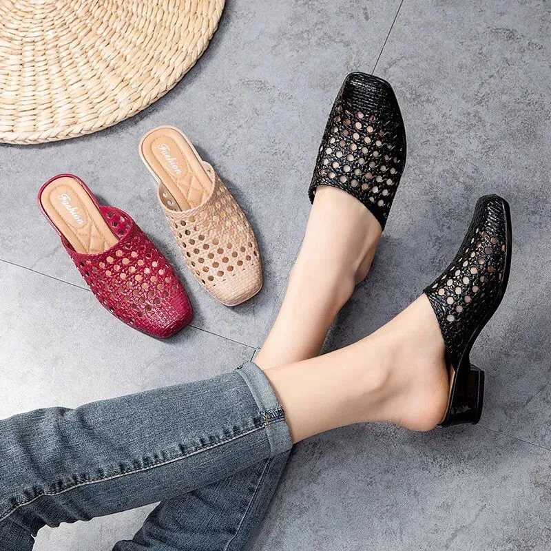 2022 Beach Shoes Slippers,Soft Women Sandals,Hollow Out Summer Mid Heels,Korea Style Slides,Footwear,BLACK,APRICOT,RED,Dropship