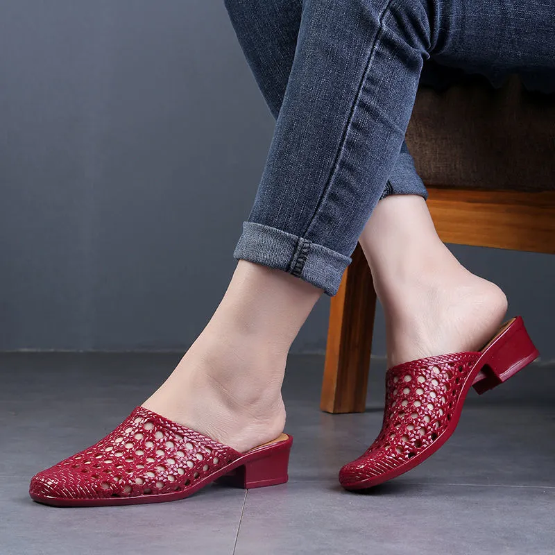 2022 Beach Shoes Slippers,Soft Women Sandals,Hollow Out Summer Mid Heels,Korea Style Slides,Footwear,BLACK,APRICOT,RED,Dropship