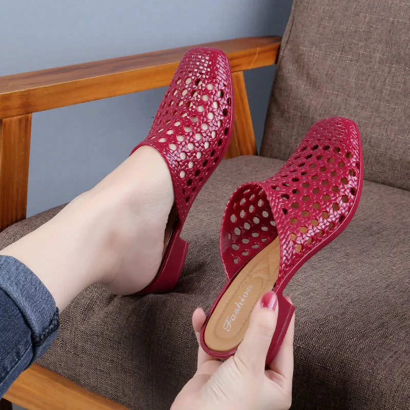 2022 Beach Shoes Slippers,Soft Women Sandals,Hollow Out Summer Mid Heels,Korea Style Slides,Footwear,BLACK,APRICOT,RED,Dropship