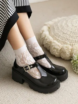 Academic Lolita Footwear Black PU Leather Chunky Heel Lolita Pumps