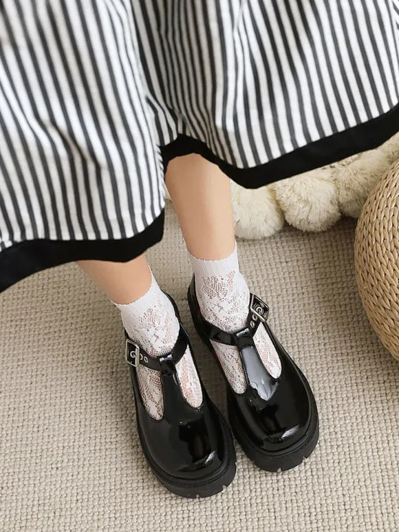 Academic Lolita Footwear Black PU Leather Chunky Heel Lolita Pumps