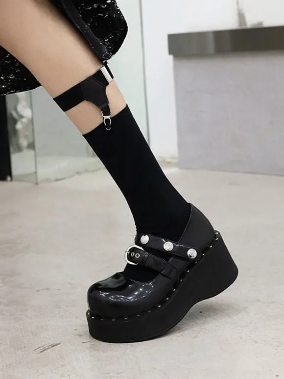 Academic Lolita Footwear Black PU Leather Wedge Heel Lolita Pumps