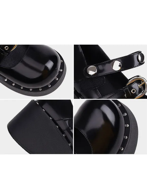 Academic Lolita Footwear Black PU Leather Wedge Heel Lolita Pumps