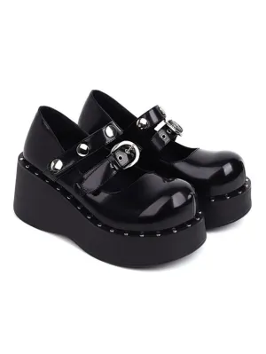 Academic Lolita Footwear Black PU Leather Wedge Heel Lolita Pumps
