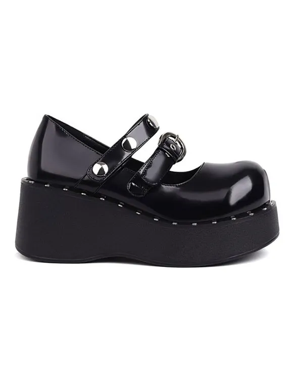 Academic Lolita Footwear Black PU Leather Wedge Heel Lolita Pumps