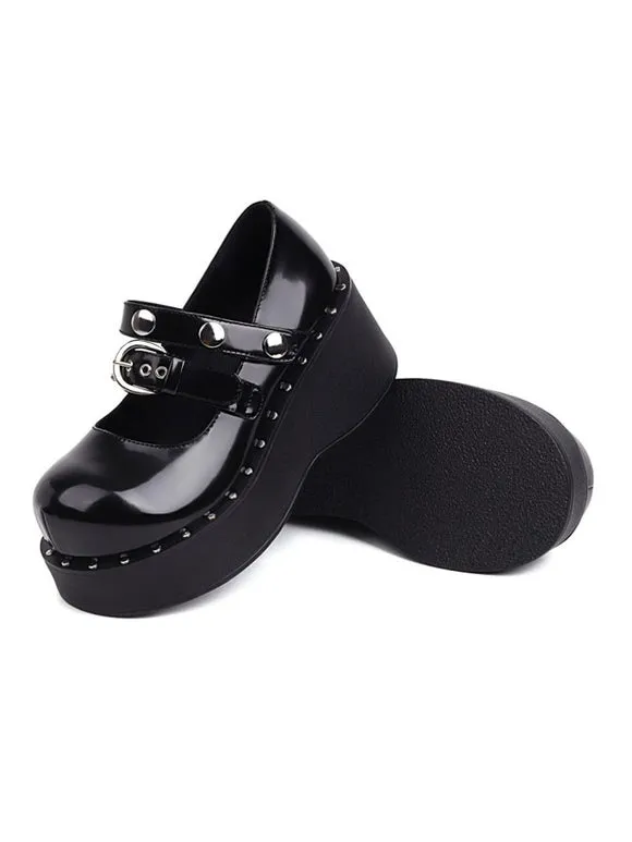 Academic Lolita Footwear Black PU Leather Wedge Heel Lolita Pumps