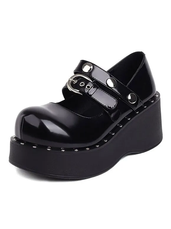 Academic Lolita Footwear Black PU Leather Wedge Heel Lolita Pumps