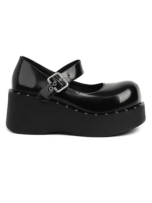 Academic Lolita Footwear Black PU Leather Wedge Heel Lolita Shoes