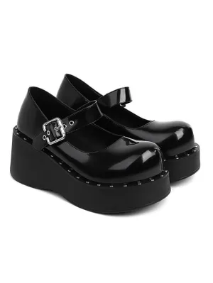 Academic Lolita Footwear Black PU Leather Wedge Heel Lolita Shoes