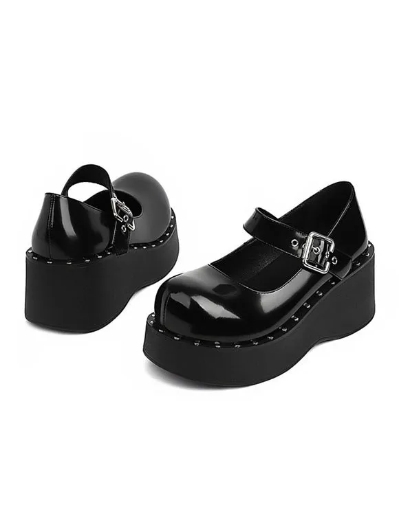 Academic Lolita Footwear Black PU Leather Wedge Heel Lolita Shoes