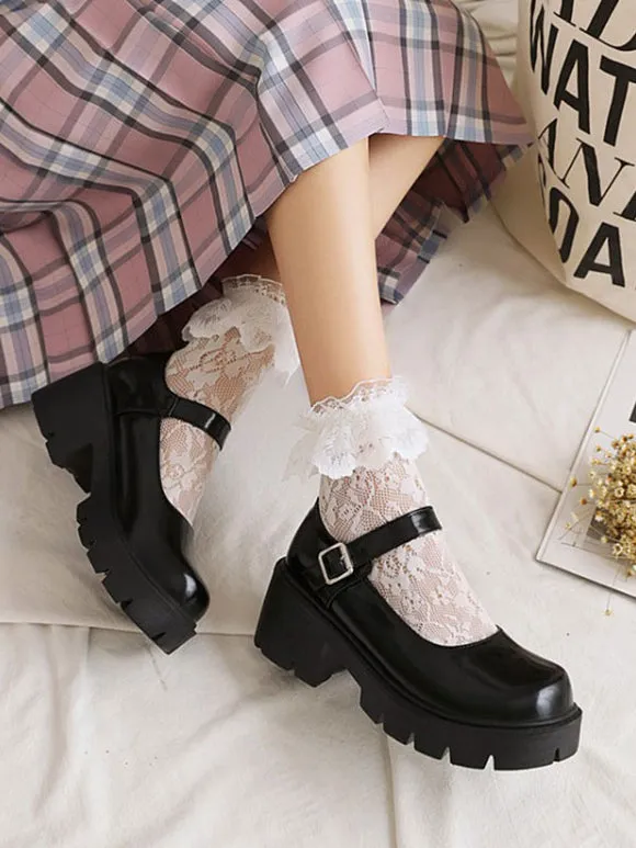 Academic Lolita Footwear Black Round Toe PU Leather Lolita Pumps