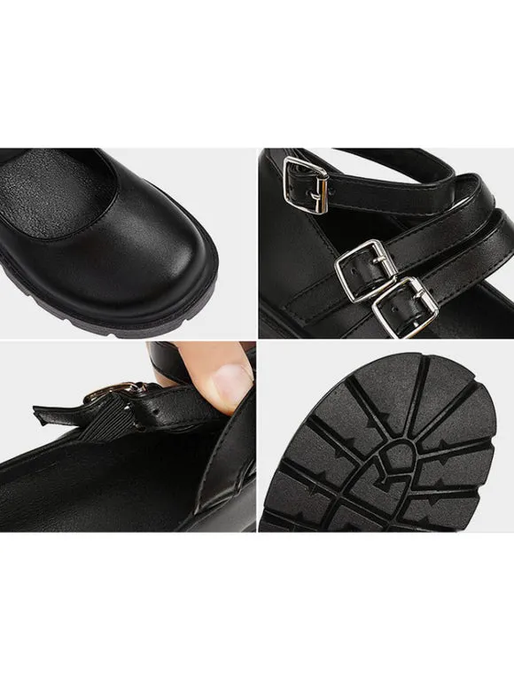 Academic Lolita Footwear Black Round Toe PU Leather Lolita Pumps