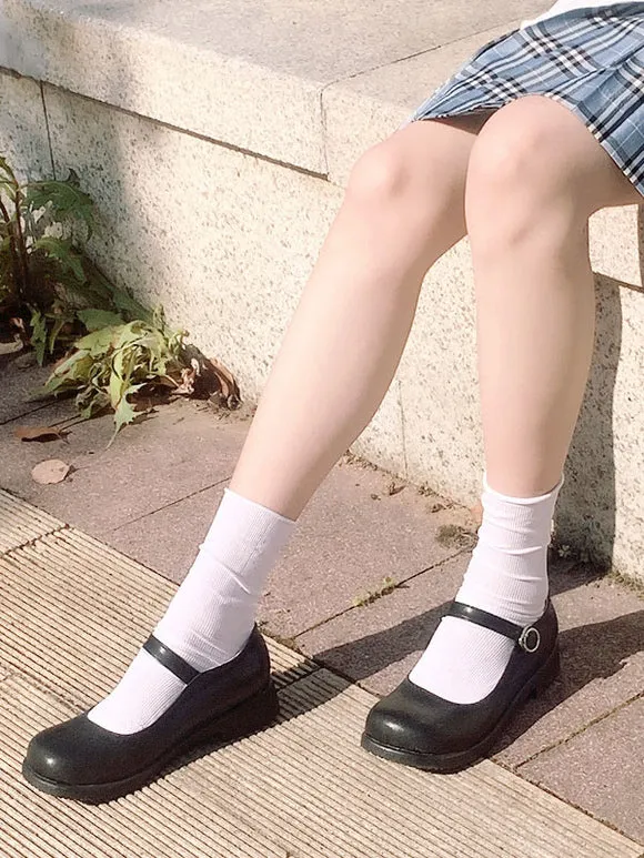 Academic Lolita Footwear Black Round Toe PU Leather Lolita Pumps