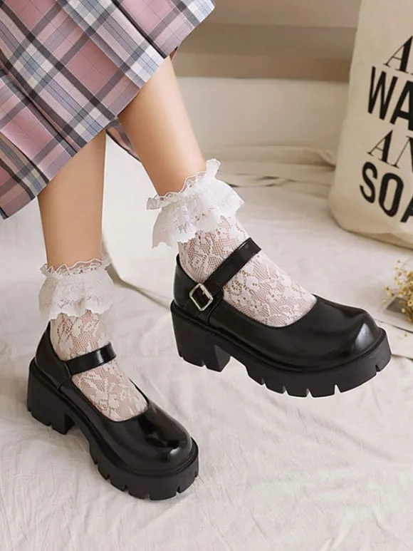 Academic Lolita Footwear Black Round Toe PU Leather Lolita Pumps