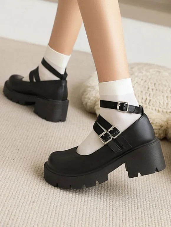 Academic Lolita Footwear Black Round Toe PU Leather Lolita Pumps