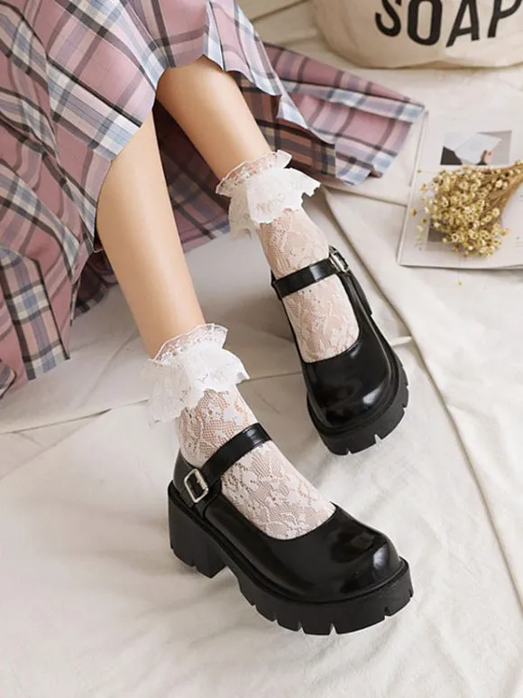 Academic Lolita Footwear Black Round Toe PU Leather Lolita Pumps