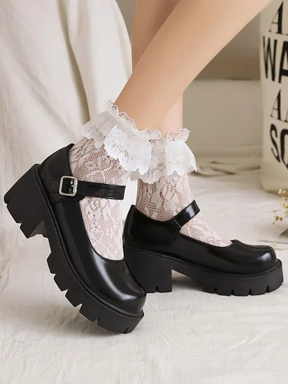 Academic Lolita Footwear Black Round Toe PU Leather Lolita Pumps