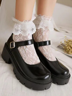 Academic Lolita Footwear Black Round Toe PU Leather Lolita Pumps