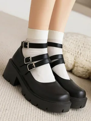 Academic Lolita Footwear Black Round Toe PU Leather Lolita Pumps
