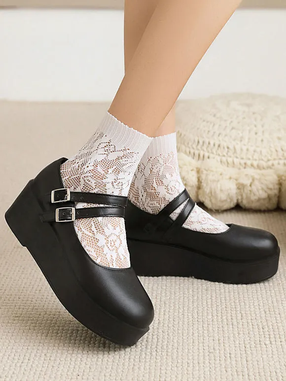 Academic Lolita Footwear Black Round Toe Wedge Heel PU Leather Lolita Pumps