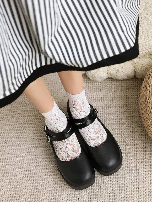 Academic Lolita Footwear Black Round Toe Wedge Heel PU Leather Lolita Pumps