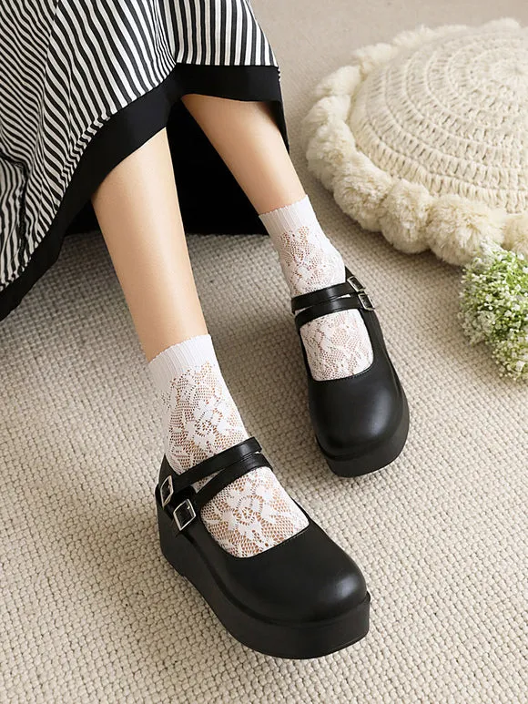Academic Lolita Footwear Black Round Toe Wedge Heel PU Leather Lolita Pumps