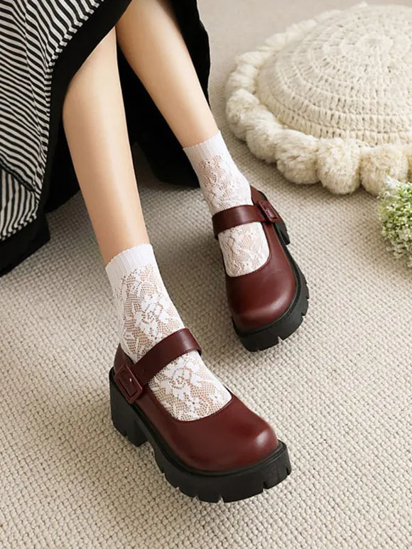 Academic Lolita Footwear Burgundy Round Toe PU Leather Lolita Pumps