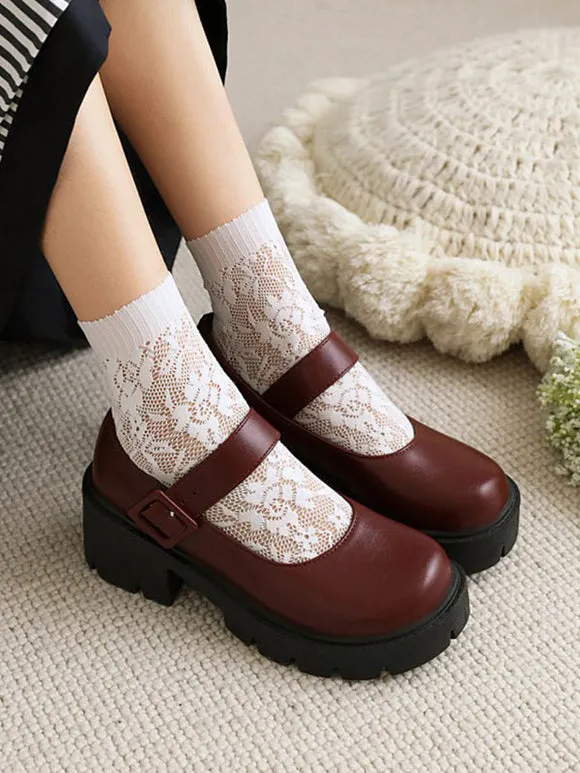 Academic Lolita Footwear Burgundy Round Toe PU Leather Lolita Pumps