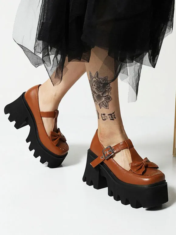 Academic Lolita Footwear Coffee Brown PU Leather Wedge Heel Lolita Shoes