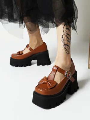Academic Lolita Footwear Coffee Brown PU Leather Wedge Heel Lolita Shoes