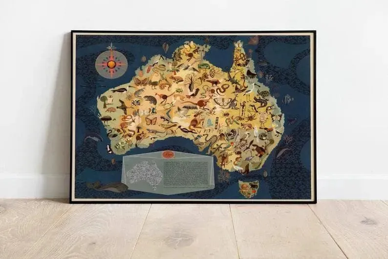 Animals of Australia Map Print for Wall Decor