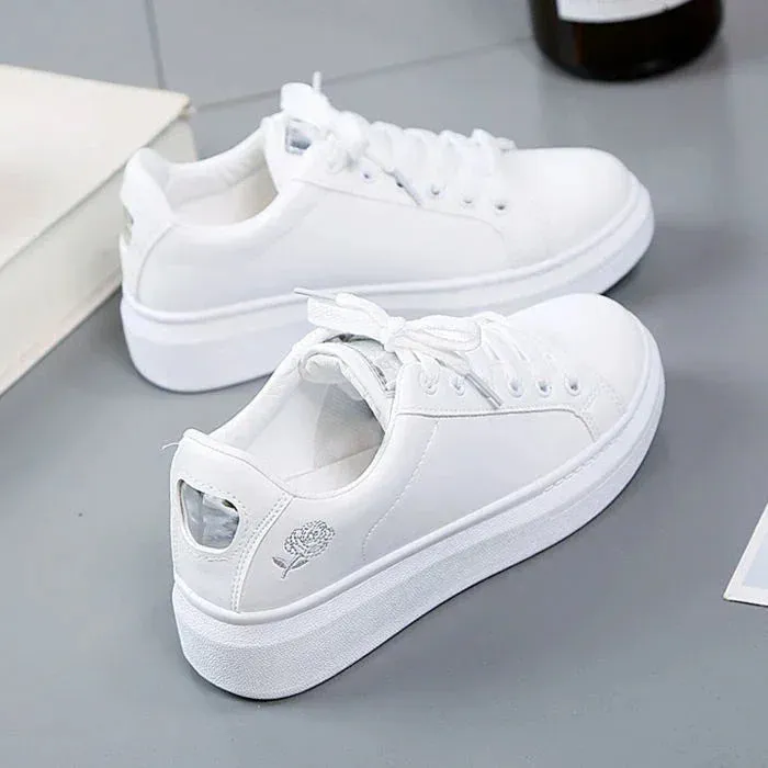 Autumn Rose Embroidery Thick Soled Leather Casual Shoes
