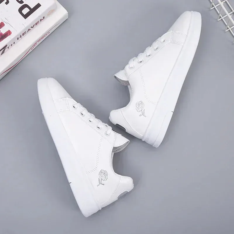 Autumn Rose Embroidery Thick Soled Leather Casual Shoes