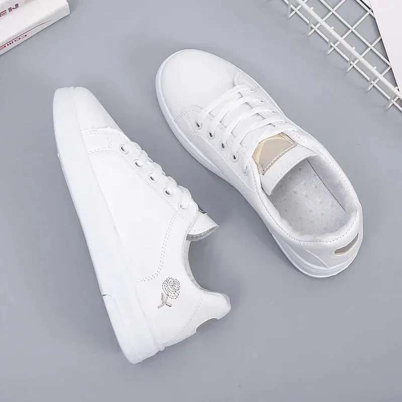 Autumn Rose Embroidery Thick Soled Leather Casual Shoes