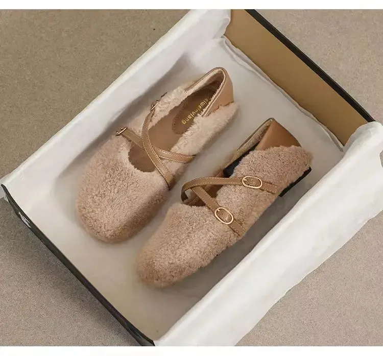 binfenxie  -  White Lambwool Flat Shoes Woman Leather Patchwork Ankle Belt Masy Janes Winter Fur Flats Round Toe Furry Moccasins Big Size 43