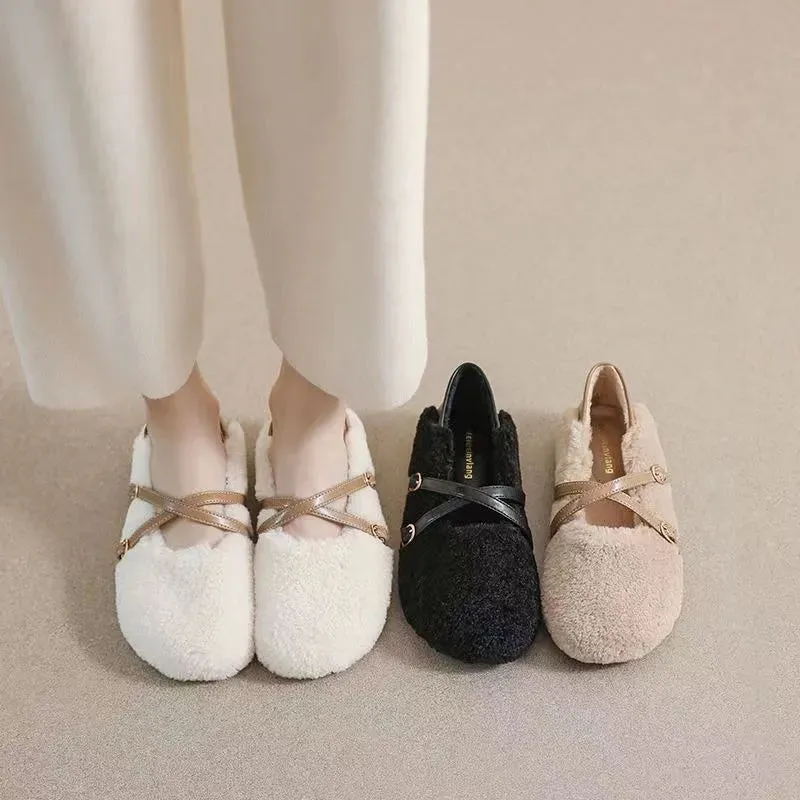 binfenxie  -  White Lambwool Flat Shoes Woman Leather Patchwork Ankle Belt Masy Janes Winter Fur Flats Round Toe Furry Moccasins Big Size 43