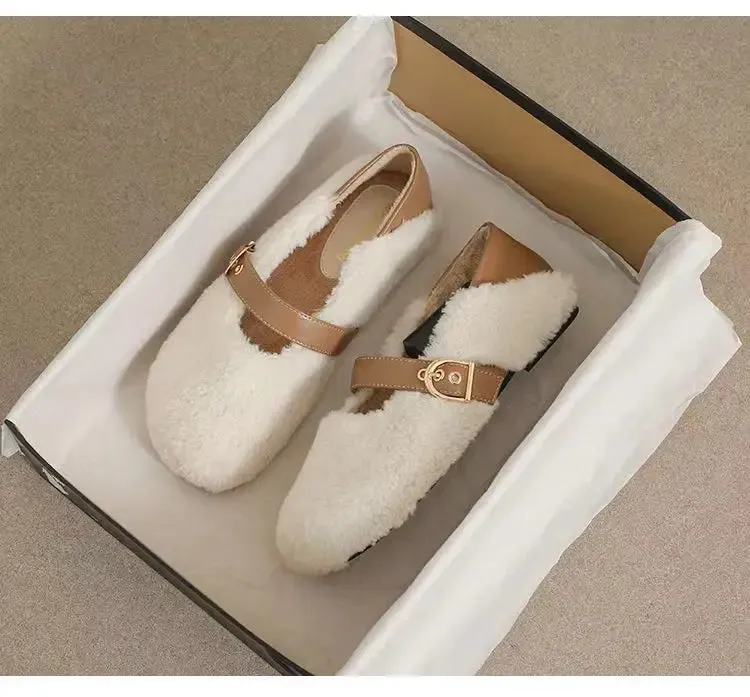 binfenxie  -  White Lambwool Flat Shoes Woman Leather Patchwork Ankle Belt Masy Janes Winter Fur Flats Round Toe Furry Moccasins Big Size 43