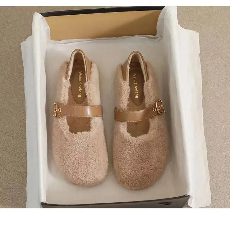 binfenxie  -  White Lambwool Flat Shoes Woman Leather Patchwork Ankle Belt Masy Janes Winter Fur Flats Round Toe Furry Moccasins Big Size 43