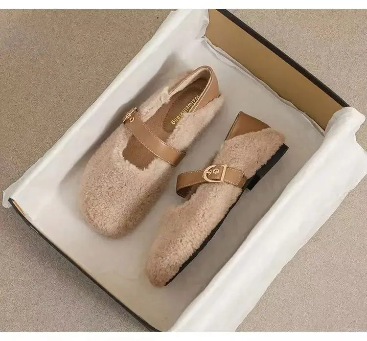 binfenxie  -  White Lambwool Flat Shoes Woman Leather Patchwork Ankle Belt Masy Janes Winter Fur Flats Round Toe Furry Moccasins Big Size 43
