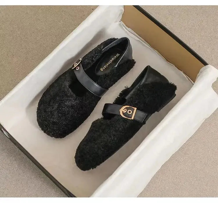 binfenxie  -  White Lambwool Flat Shoes Woman Leather Patchwork Ankle Belt Masy Janes Winter Fur Flats Round Toe Furry Moccasins Big Size 43