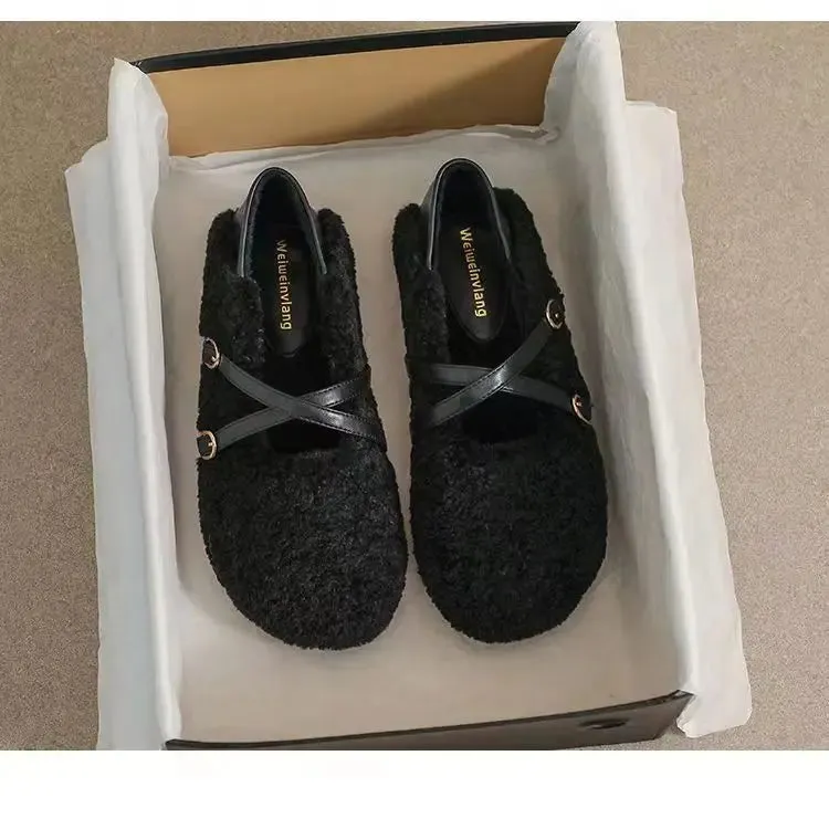 binfenxie  -  White Lambwool Flat Shoes Woman Leather Patchwork Ankle Belt Masy Janes Winter Fur Flats Round Toe Furry Moccasins Big Size 43
