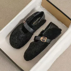 binfenxie  -  White Lambwool Flat Shoes Woman Leather Patchwork Ankle Belt Masy Janes Winter Fur Flats Round Toe Furry Moccasins Big Size 43