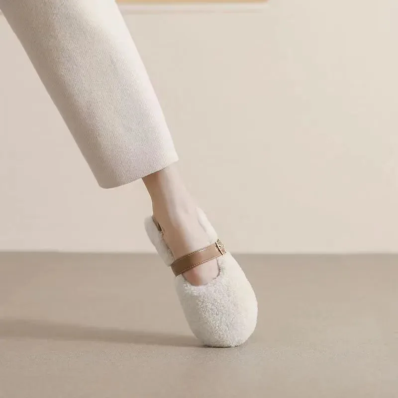 binfenxie  -  White Lambwool Flat Shoes Woman Leather Patchwork Ankle Belt Masy Janes Winter Fur Flats Round Toe Furry Moccasins Big Size 43