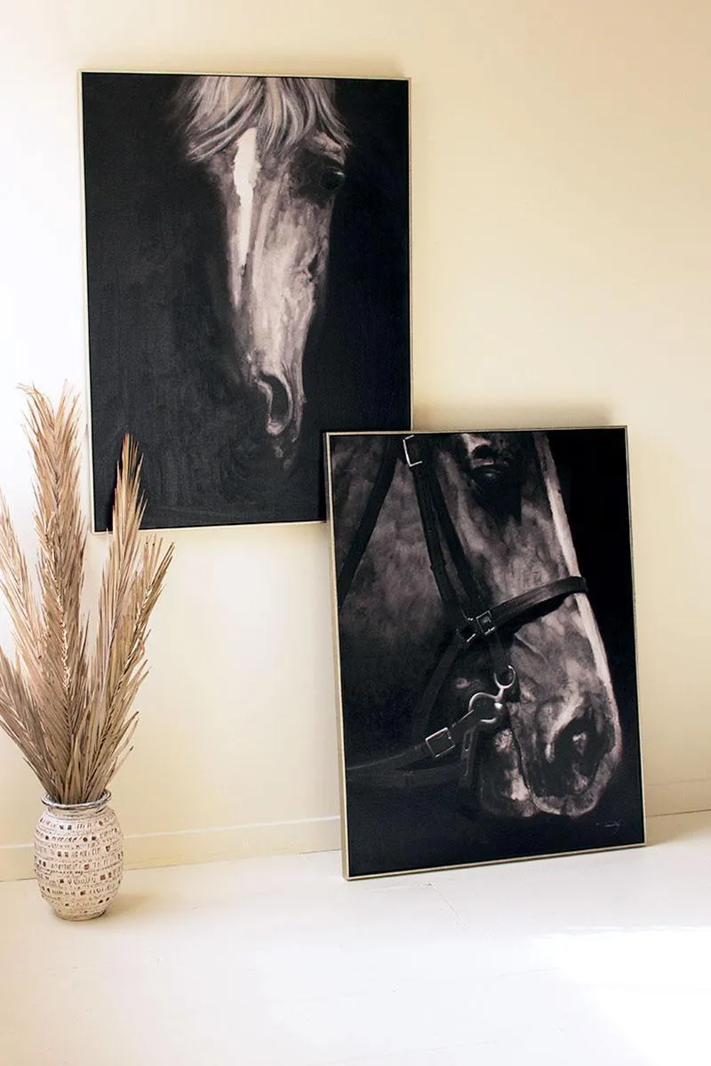 Black and White Side View Horse Oil Painting with Silver Frame