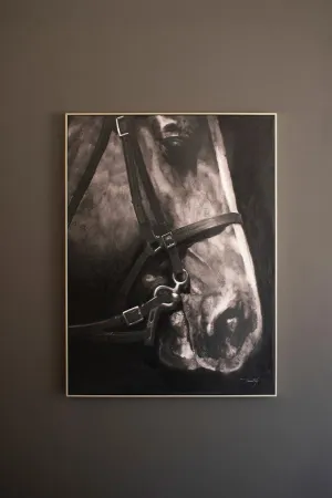 Black and White Side View Horse Oil Painting with Silver Frame