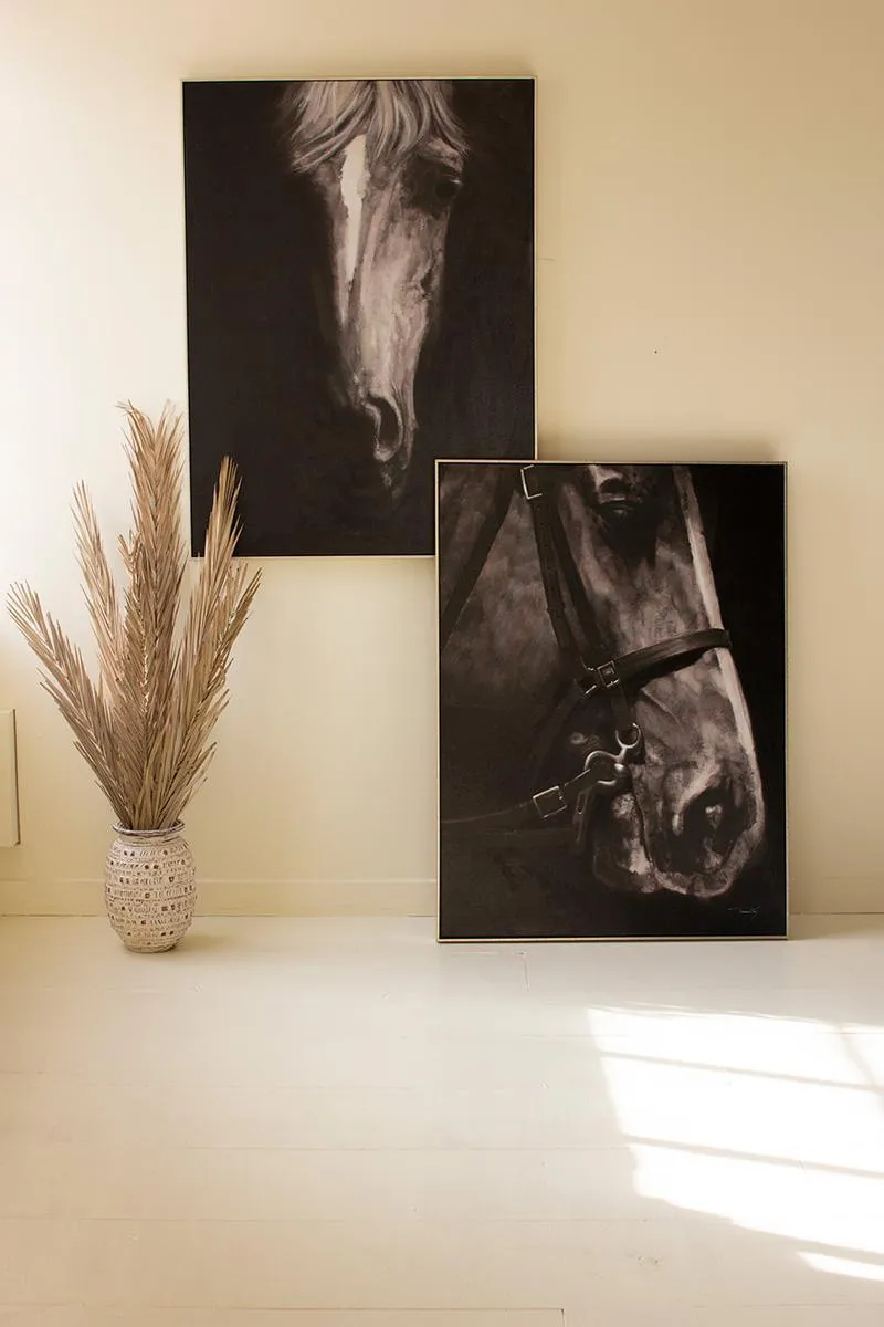 Black and White Side View Horse Oil Painting with Silver Frame