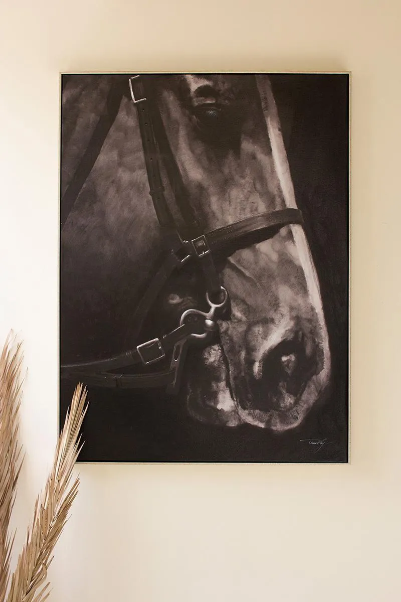 Black and White Side View Horse Oil Painting with Silver Frame