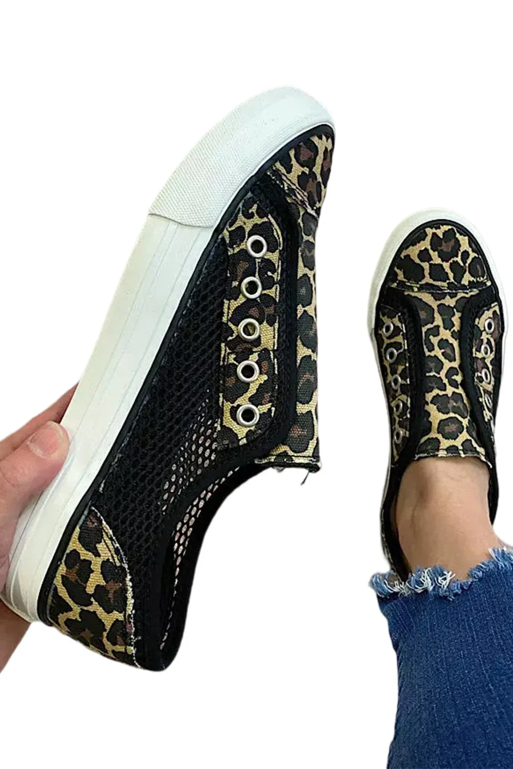 Black Leopard Mesh Patchwork Slip On Canvas Shoes