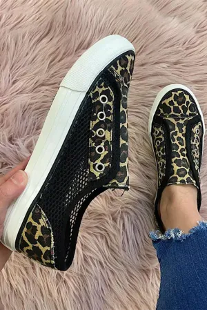 Black Leopard Mesh Patchwork Slip On Canvas Shoes